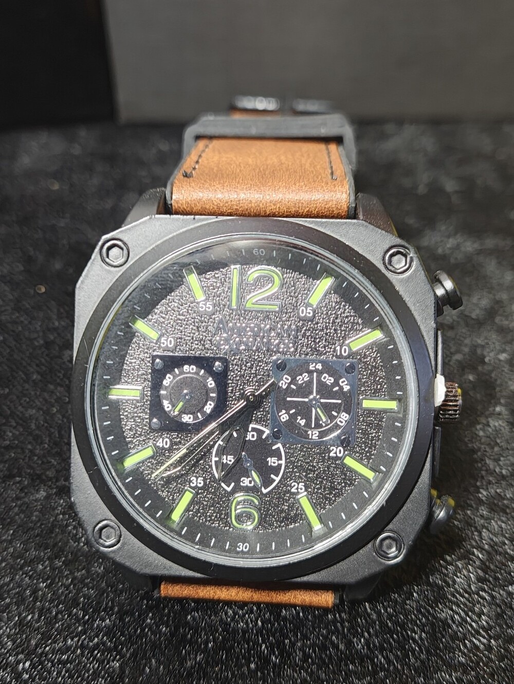 American Exchange Black Dial Watch with Brown Leather Strap and Lime Accents